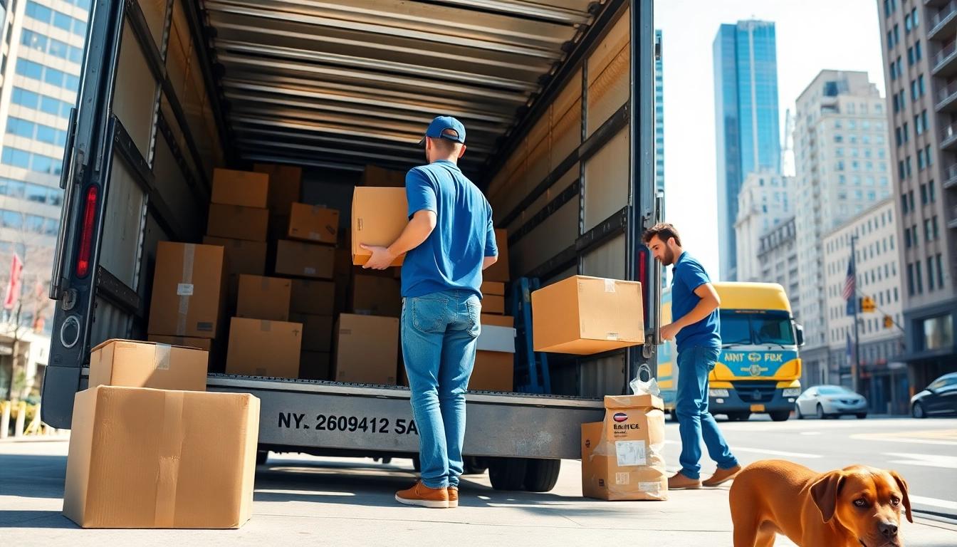 Efficient residential movers nyc actively packing in a vibrant NYC neighborhood, showcasing their professionalism and teamwork.
