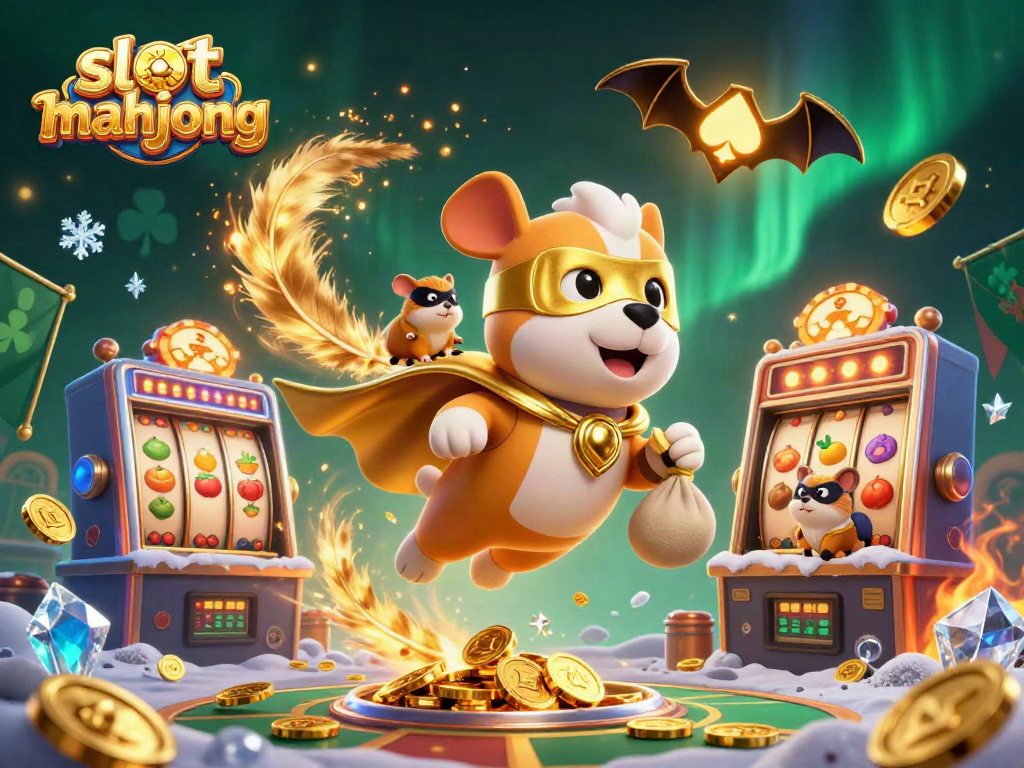 Play slot mahjong with a vibrant 3D scene featuring a superhero dog and hamster amidst gold coins and slot machine reels.