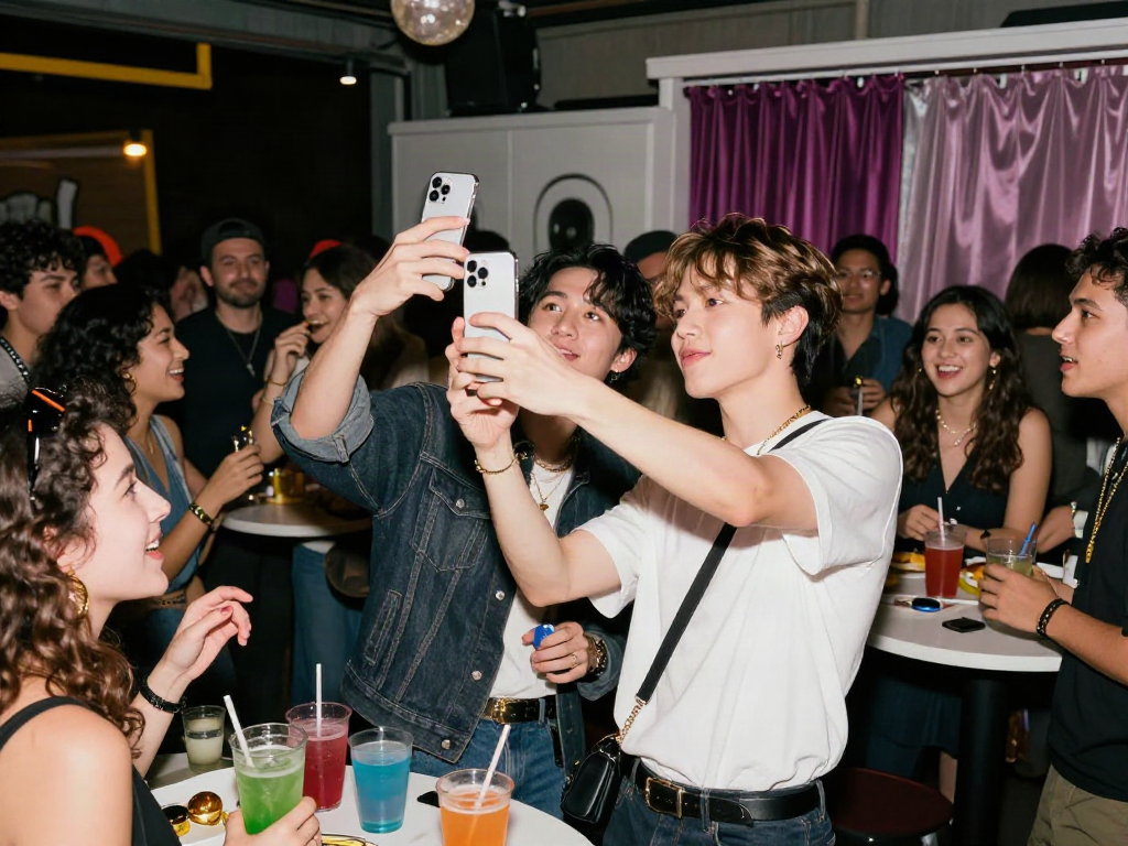 Person comparing their celebrity look alike at a lively party.