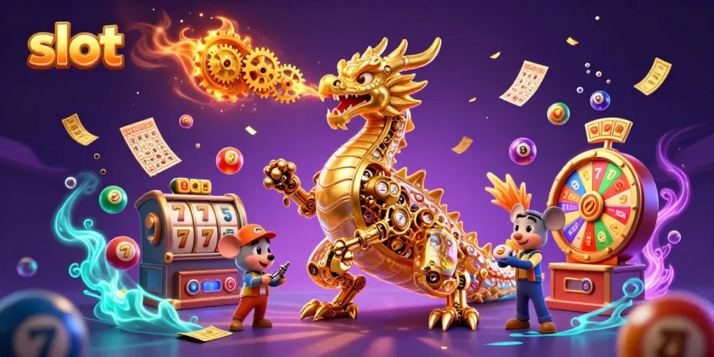Experience thrilling slots with our unique casino illustration featuring a golden dragon among vibrant gaming elements.