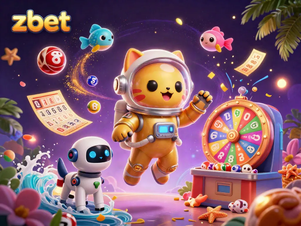 Engage with zbet, a vibrant cat astronaut and robot dog in a dynamic casino illustration.