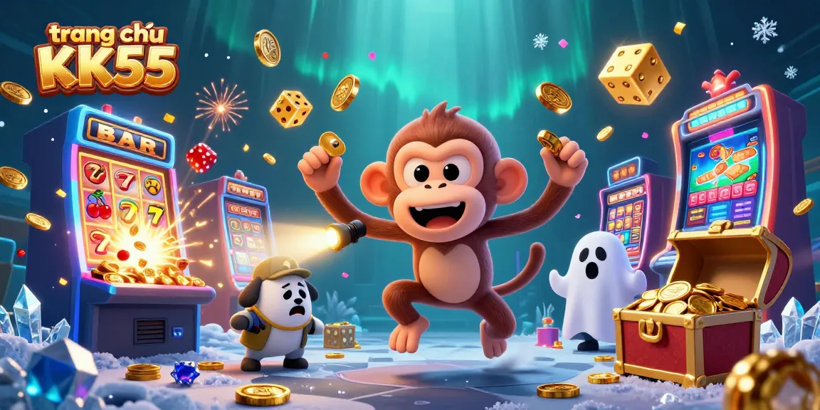 Experience the thrill of "trang chủ KK55" with a ghost-hunter puppy tracking a mischievous monkey in a vibrant casino scene.