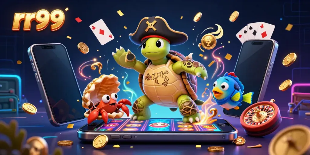 Experience the thrilling world of rr99 with a vibrant 3D illustration showcasing a pirate turtle, crab, and parrotfish celebrating with slot machines and treasure.