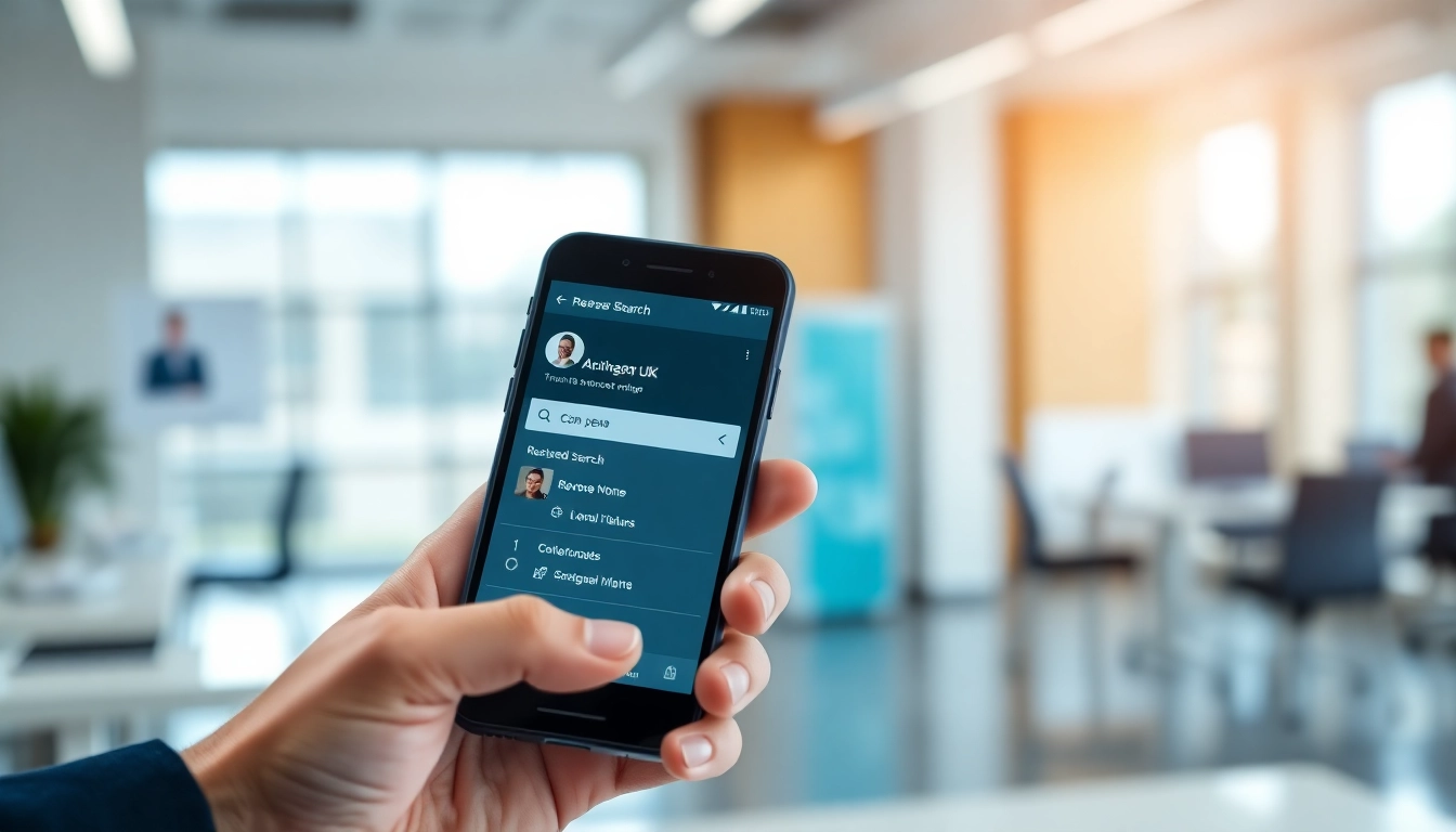 Conducting a reverse phone search uk on a professional smartphone in an office.
