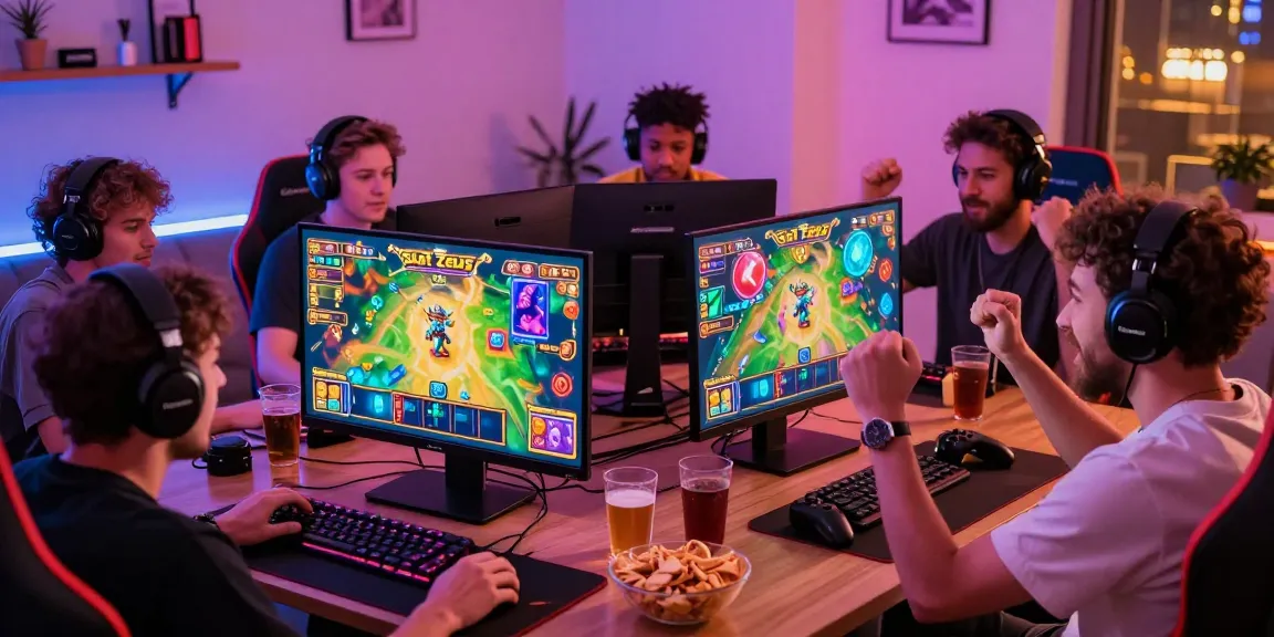 Players enjoying Slot Zeus gaming experience in a vibrant home setup