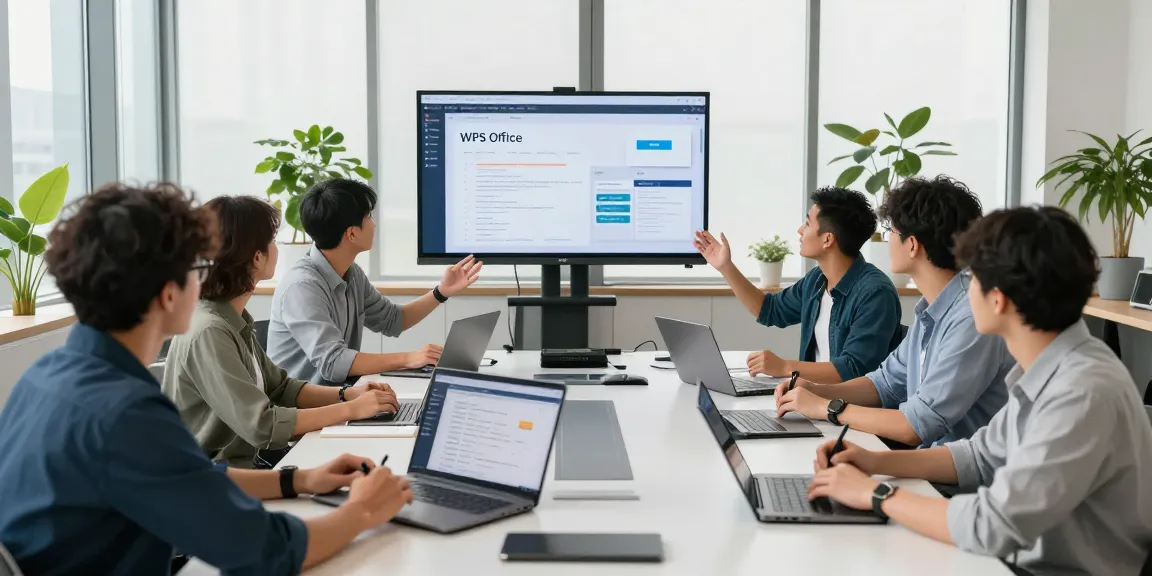 团队合作中展示WPS Office文档的现代办公室场景，充满创新和活力。