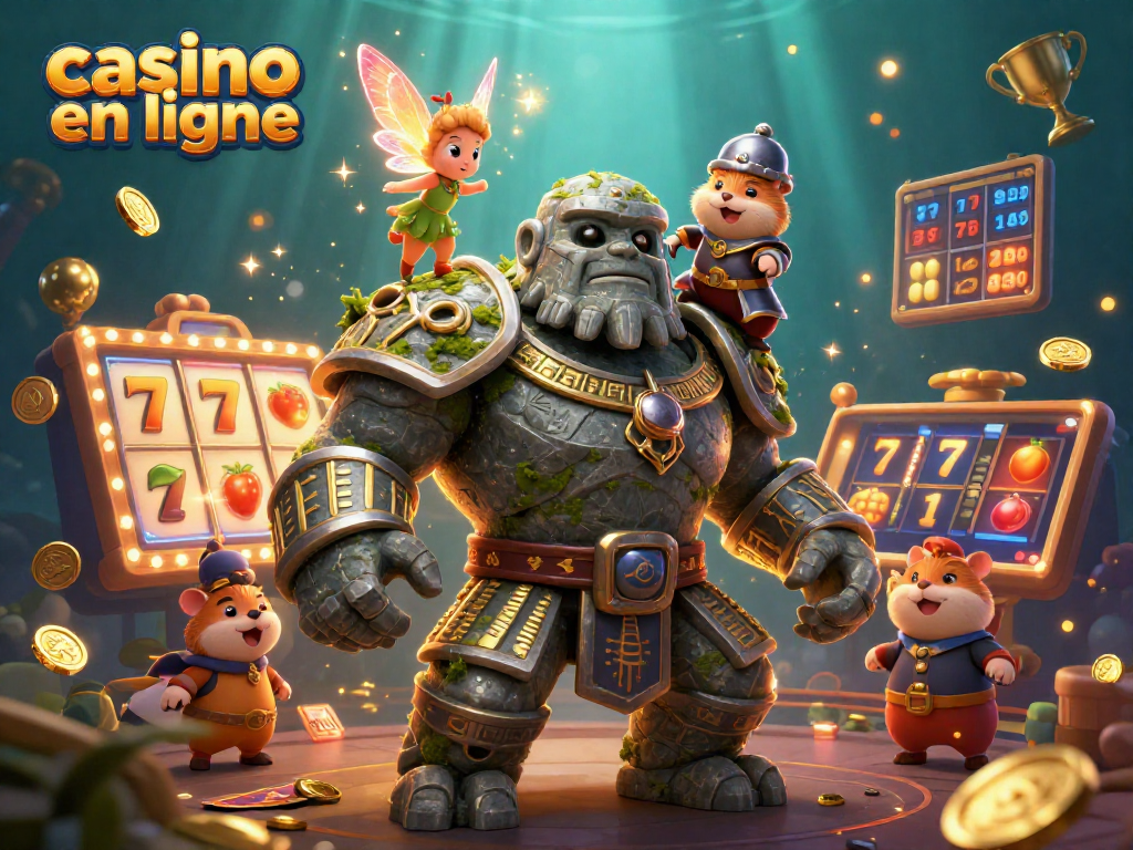 Jouez au casino en ligne sur une scène magique avec des personnages animés et des symboles de machines à sous.