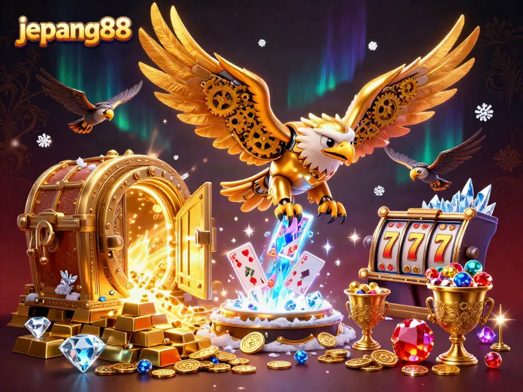 Experience thrilling slots at jepang88 with dynamic golden eagle diving through holographic playing cards.