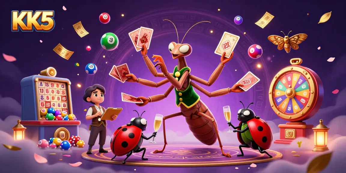 Engage with KK5's vibrant casino atmosphere featuring a giant praying mantis card sharp and colorful lottery elements.