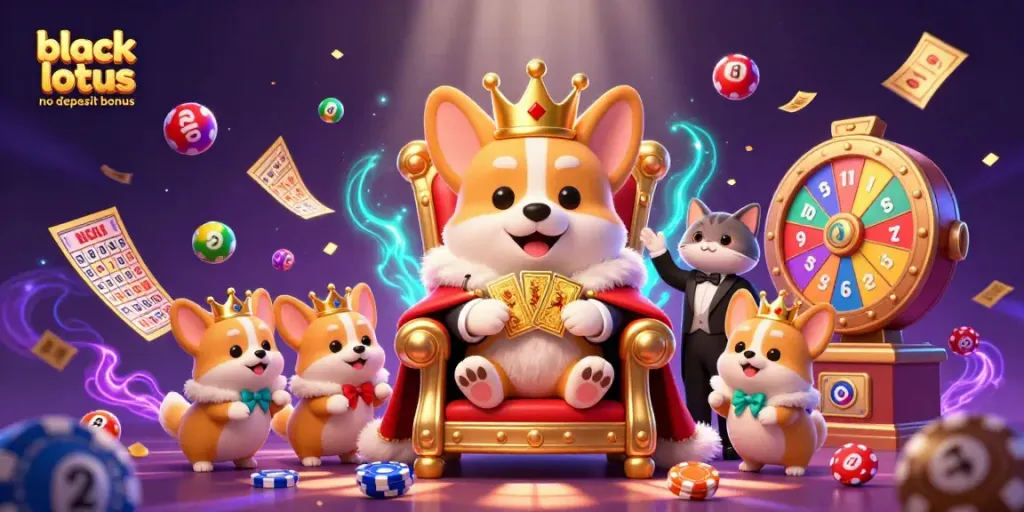 Win big with the black lotus no deposit bonus, featuring a cartoon royal corgi on a poker chip throne.