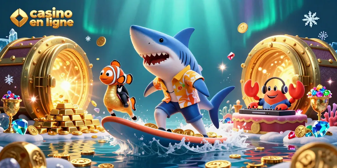 Explorez le casino en ligne avec des personnages animés sur une scène pleine de pièces d'or.