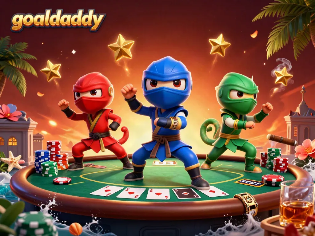 Experience the action of goaldaddy with ninja chameleons showcasing poker skills in a vibrant, dynamic scene.