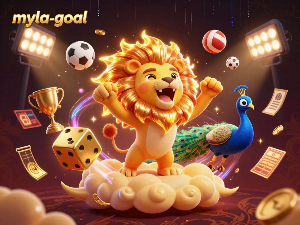 Experience the thrill of gaming with myla-goal as the lion roars triumphantly amidst dazzling sports elements.