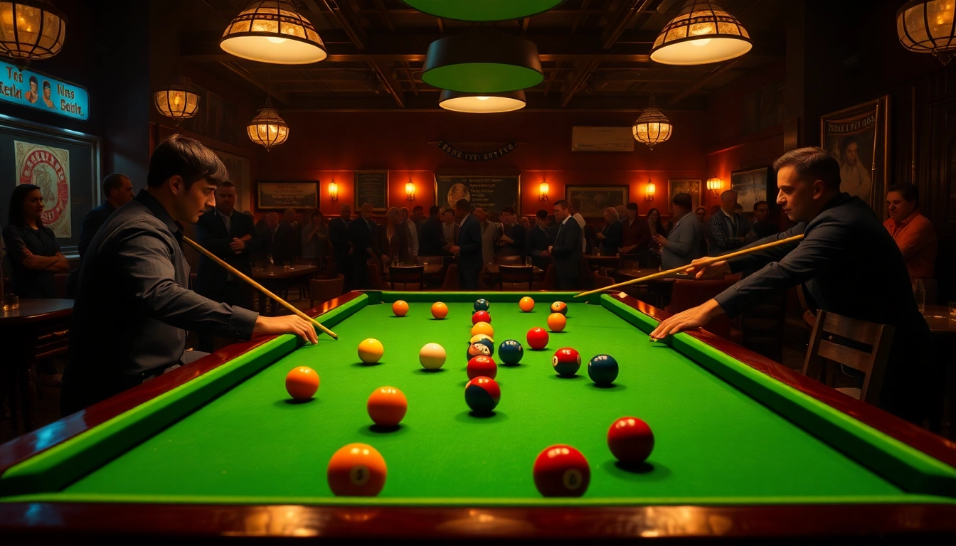 Billiards players showcasing skill during a competitive match in a vibrant pool hall.