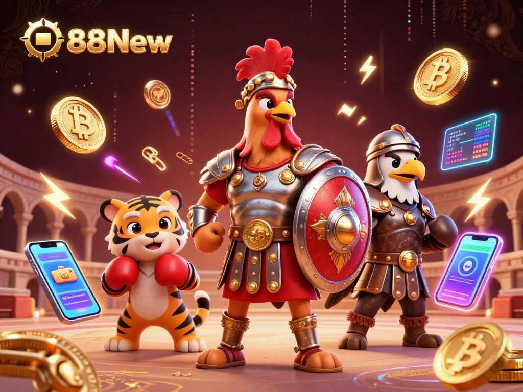 Engage in the thrilling world of 888New with vibrant casino visuals featuring a gladiator rooster.