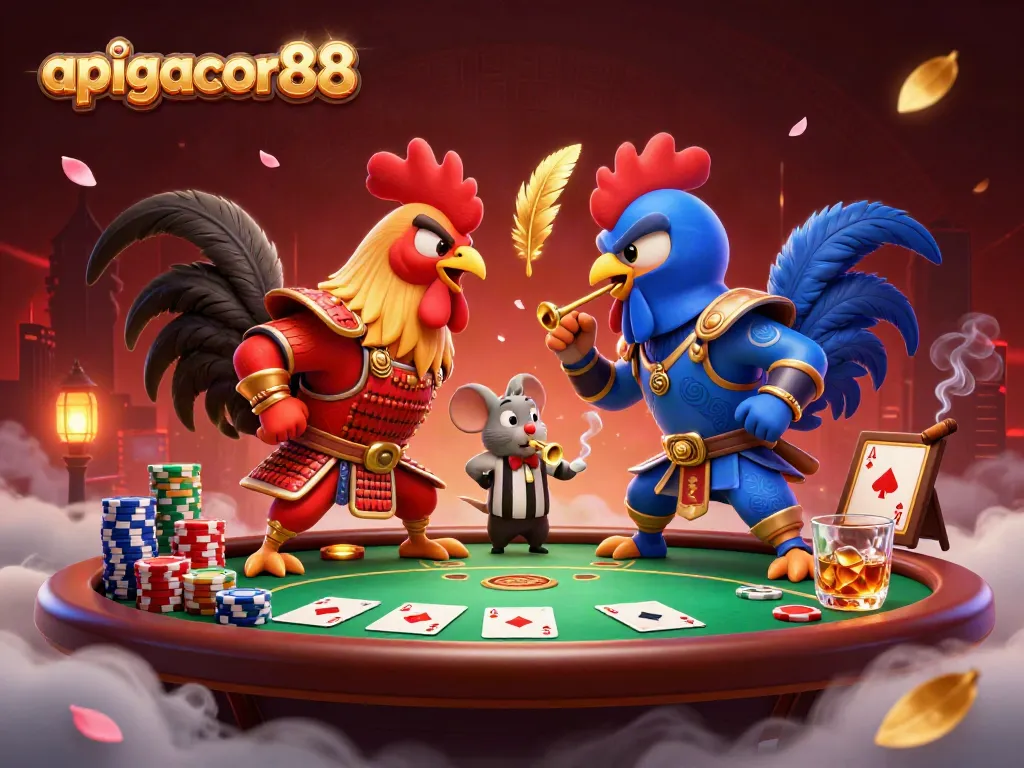 Engage in thrilling action at apigacor88, featuring cartoon fighting roosters and vibrant casino elements.