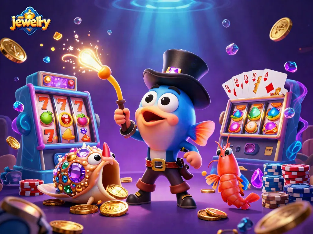 Attract golden coins with exquisite jewelry and vibrant slot symbols in this thrilling casino scene.