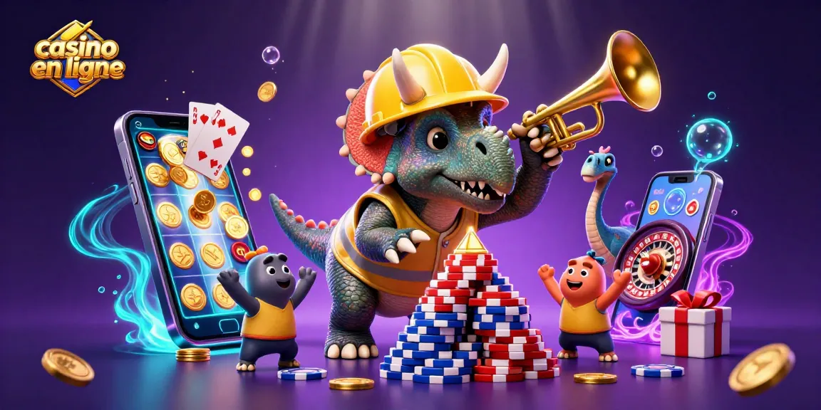 Jouez au casino en ligne avec nos personnages de dinosaures célébrant des gains sous un magnifique décor.