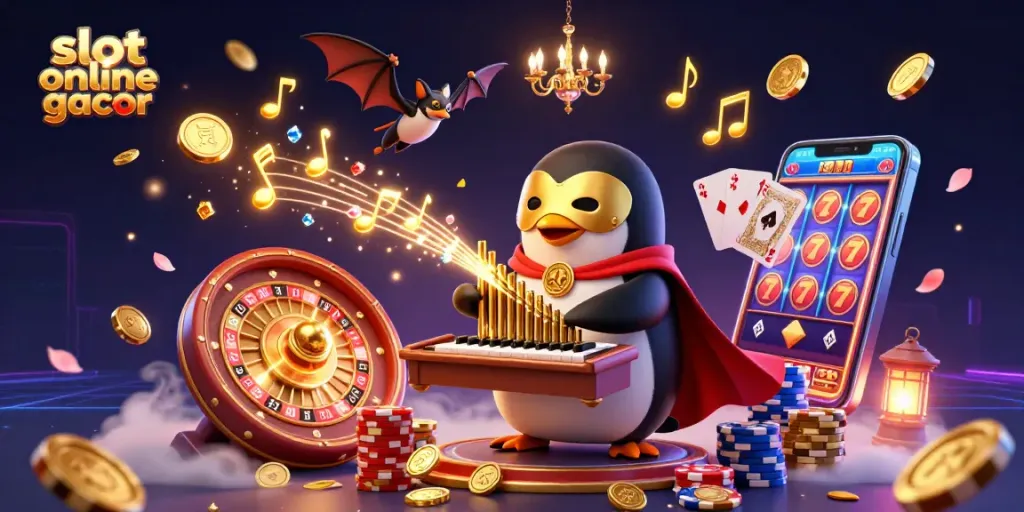 Spin and win with slot online gacor as vibrant golden coins and sparkling gems cascade around the cheerful penguin.