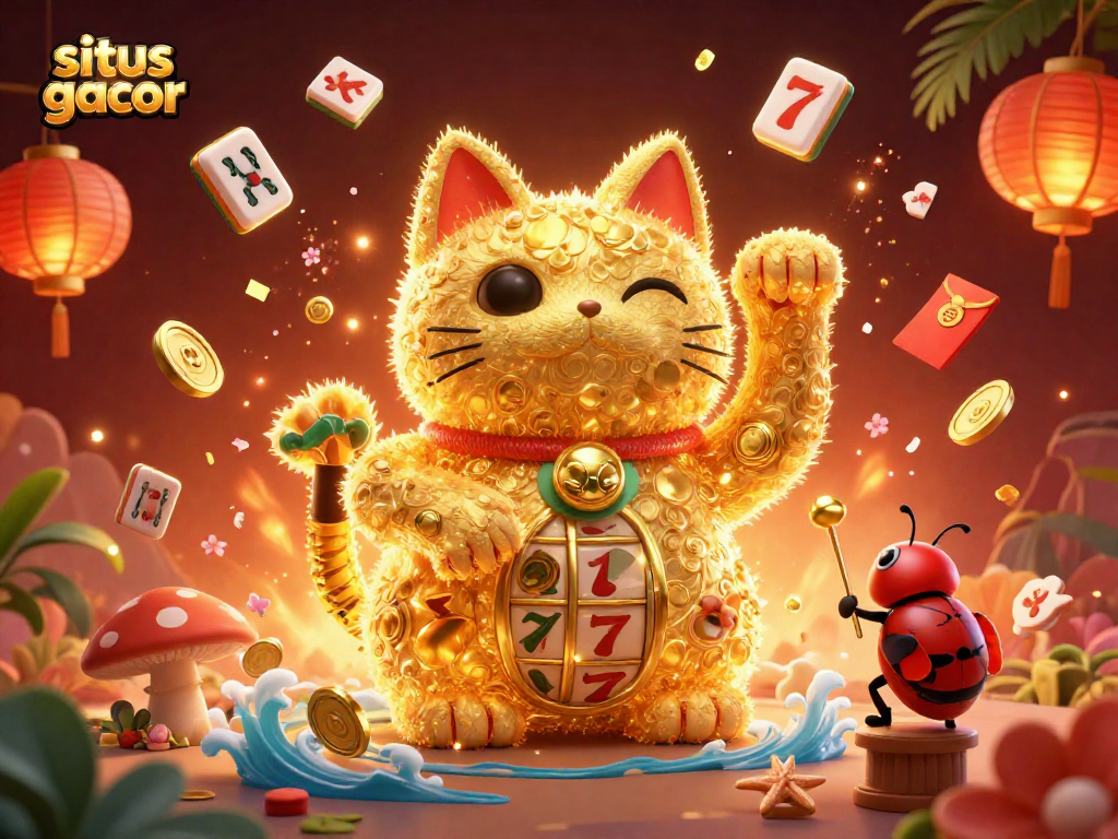 Experience situs gacor with a vibrant, lucky cat surrounded by casino symbols and festive elements.