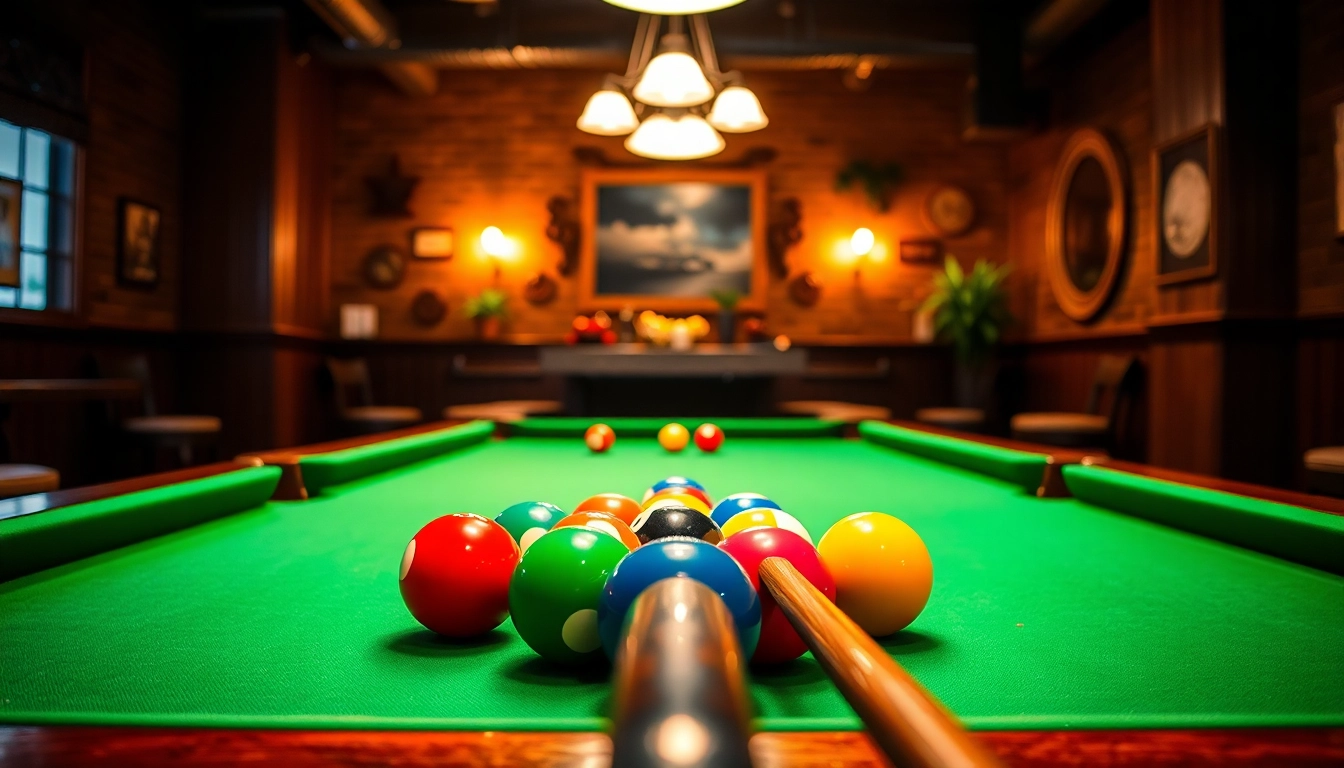 Billiards player aiming at a colorful pool table in a cozy, well-lit room.