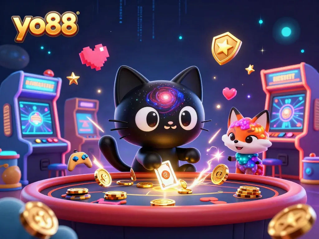 Engage with exciting gaming adventures at yo88, featuring a charming black hole cat and colorful cosmic elements.