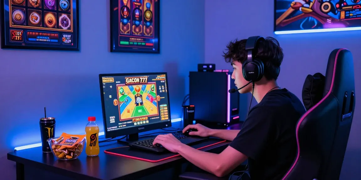 Player enjoying slot gacor 777 game on a gaming laptop with colorful ambient lighting.