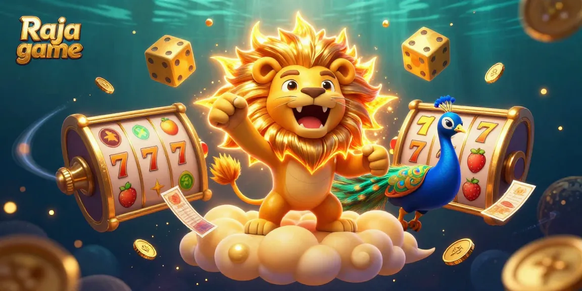 Engage with Raja game slot adventures featuring a roaring lion, golden dice, and vibrant fruit symbols.