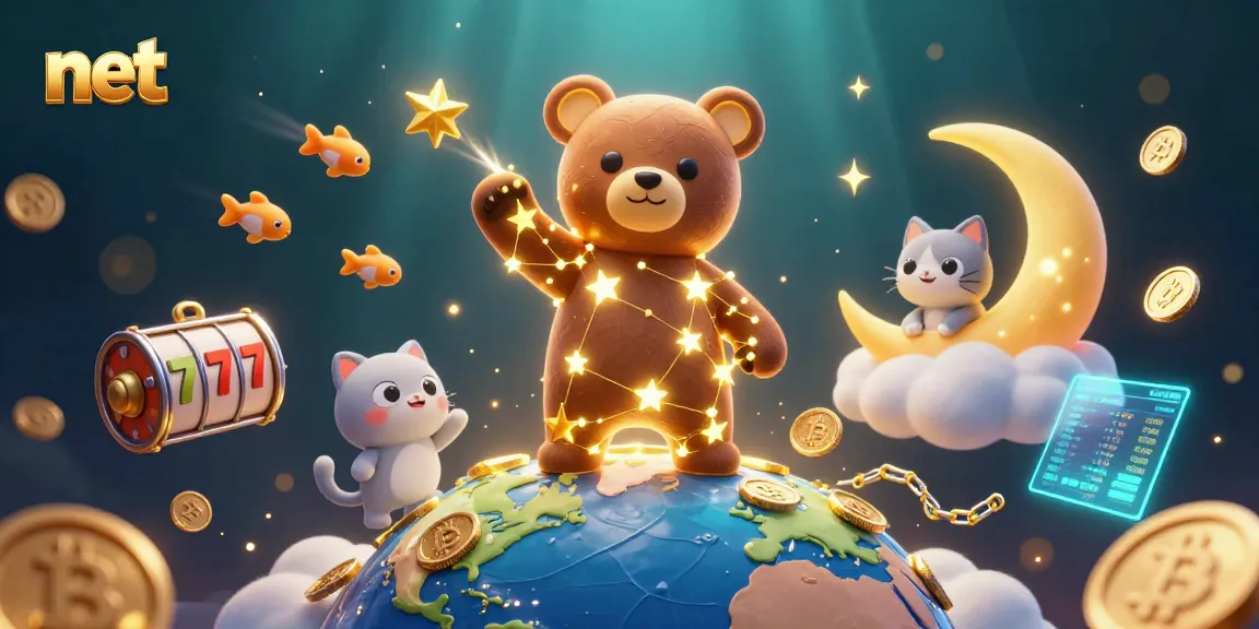 Witness the constellation bear collecting net coins in a vibrant crypto casino illustration.