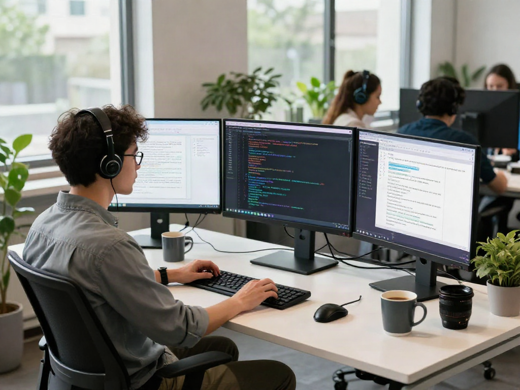 AI Detection research setup with monitors showcasing data analysis and collaborative workspace.