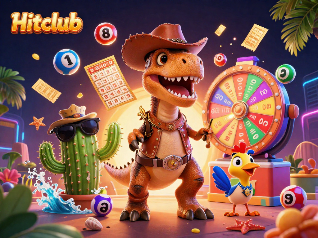 Hitclub offers vibrant lottery and bingo fun with a T-Rex in a cowboy hat and colorful game elements.