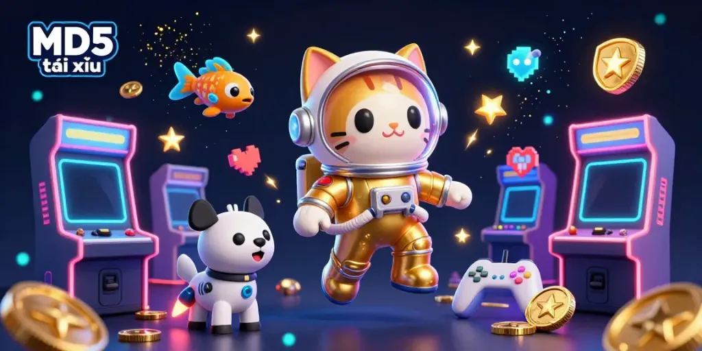 Experience the thrill of MD5 tài xỉu in a vibrant 3D casino world with animated characters and dynamic game elements.