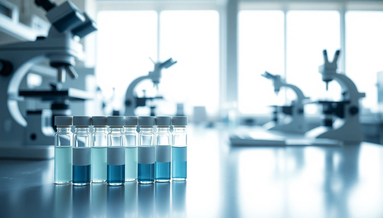 Showcasing a peptide price tool in a professional laboratory with vials and scientific equipment.
