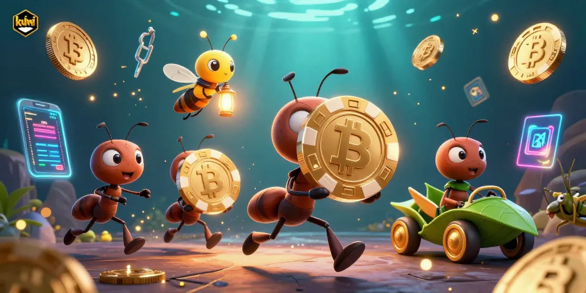 kuwin heist scene with ants and crypto elements in a vibrant, detailed casino artwork.