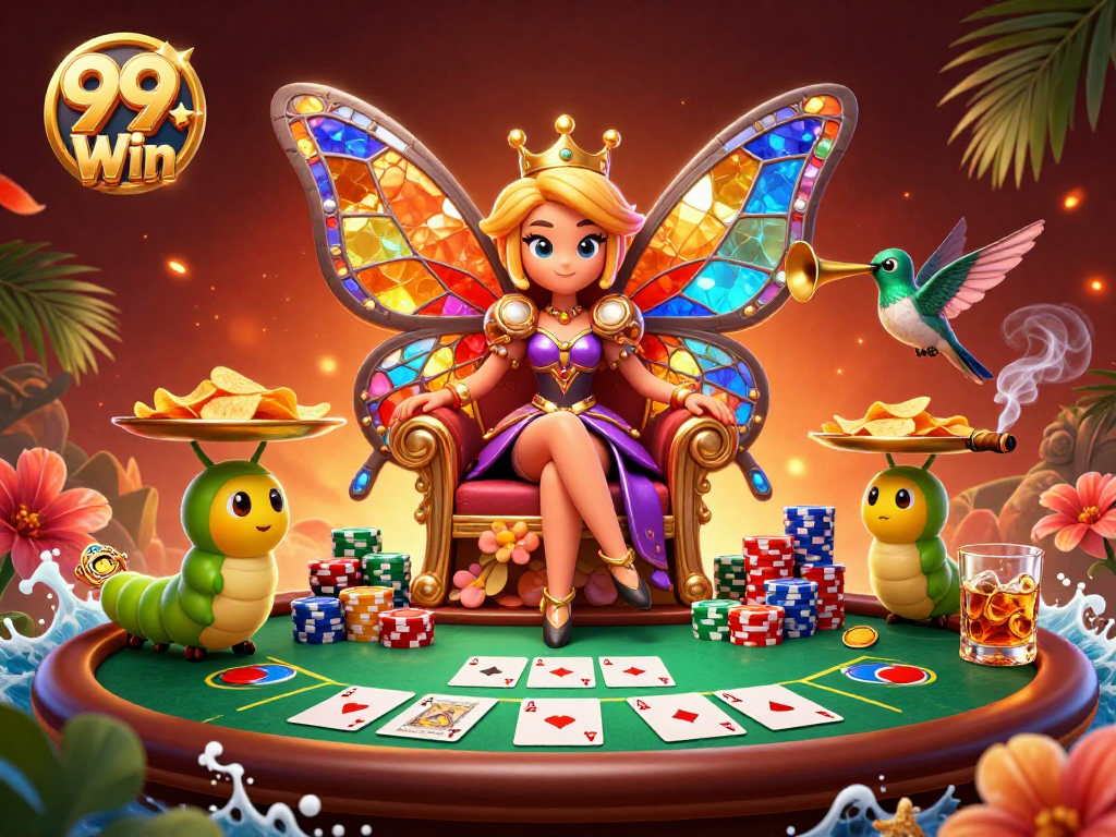 Experience the vibrant world of 99Win with dynamic poker action and colorful casino elements.