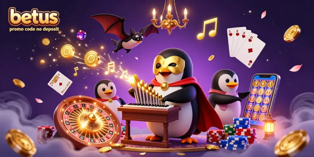 Enjoy thrilling wins with the betus promo code no deposit, featuring a vibrant illustration of a phantom opera penguin and casino elements.