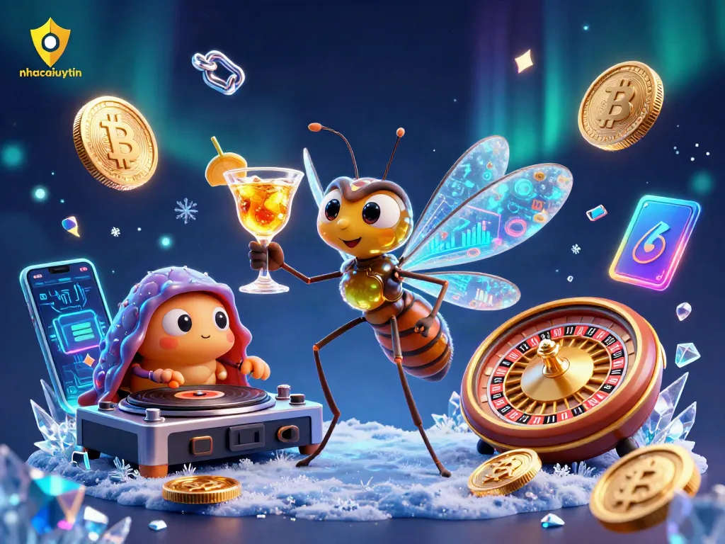 Engage with nhacaiuytin casino excitement featuring a vibrant 3D cartoon scene with a unique mascot and gaming elements.