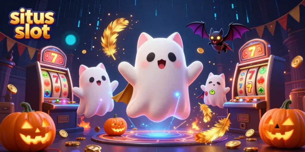 Slot bertema Halloween dengan kucing hantu lucu, kelelawar, dan simbol slot, menciptakan atmosfer magis di situs slot.