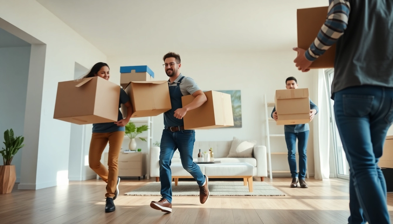 Cullen moving team efficiently transporting furniture and boxes in a modern home setting.