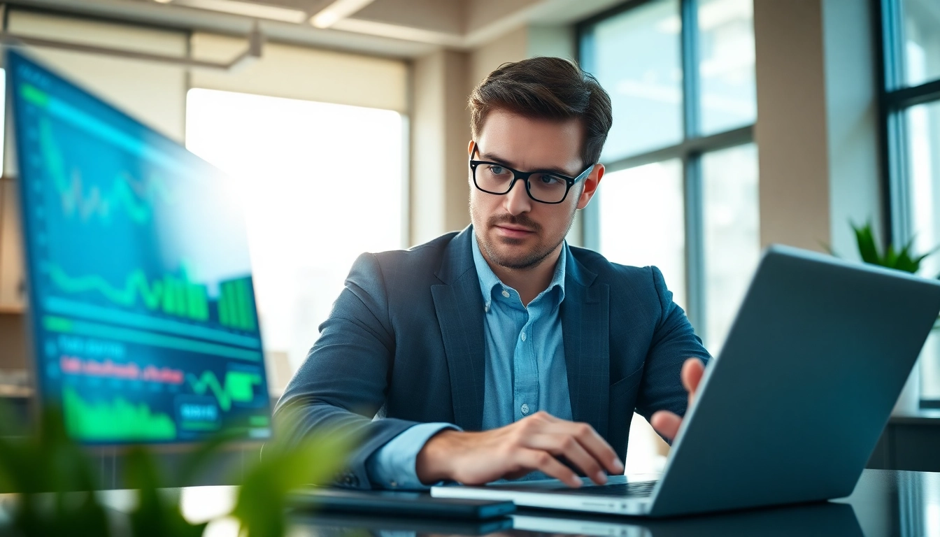 Engaging in AI Investing analysis with advanced digital tools in a professional office setting.