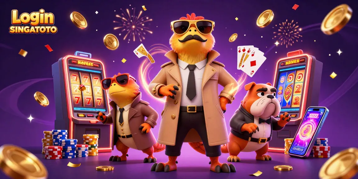 Rangkaian emas dan kristal berkilau saat Login SINGATOTO dengan karakter kartun di kasino.
