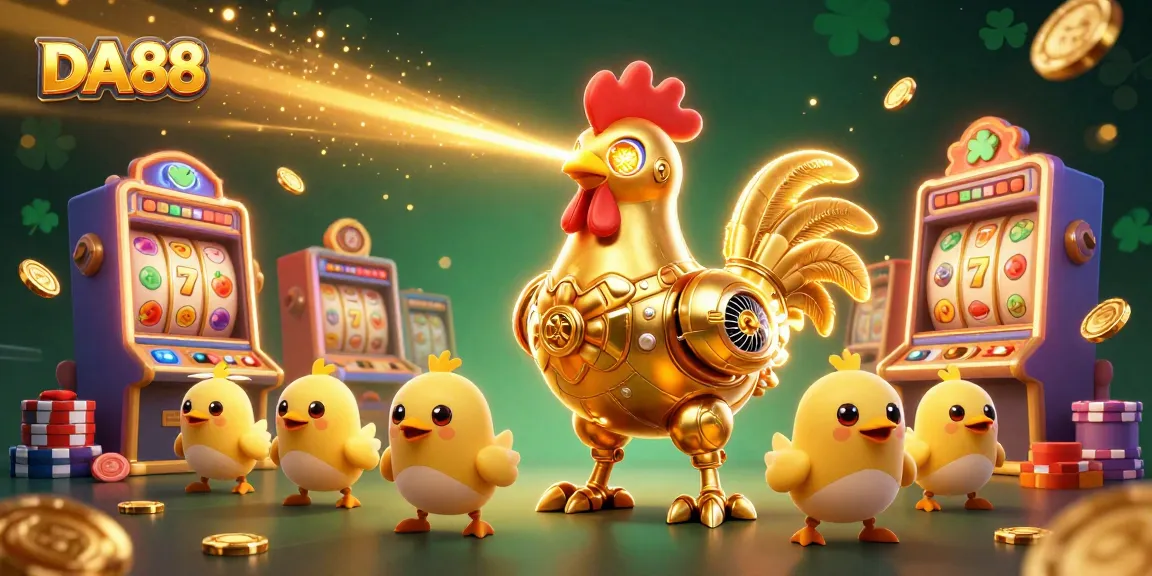 Experience the thrill of DA88 with colorful slot machines and a golden rooster robot in action!