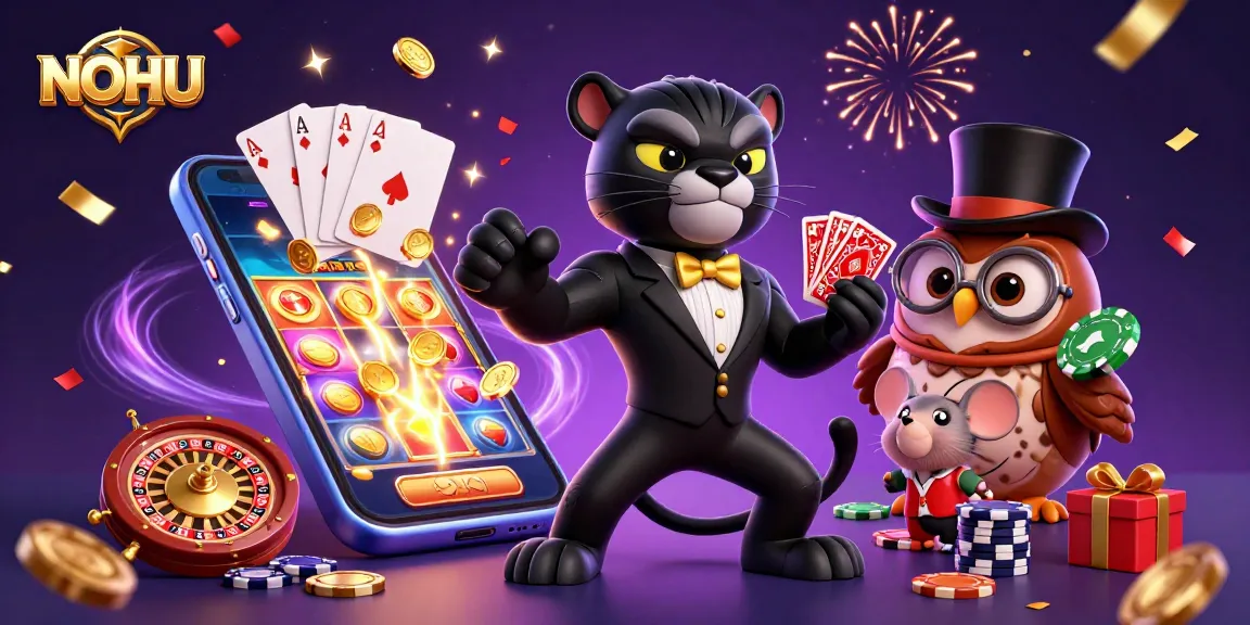 NOHU showcases a stylish panther dealing cards with vibrant elements like slot games and poker chips.
