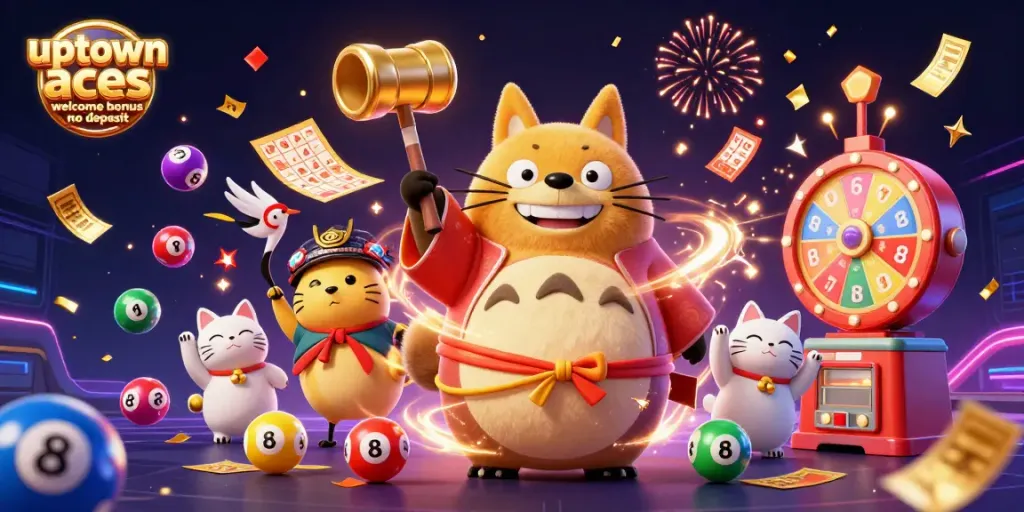 Experience the uptown aces welcome bonus no deposit with colorful prizes and festive 3D characters.