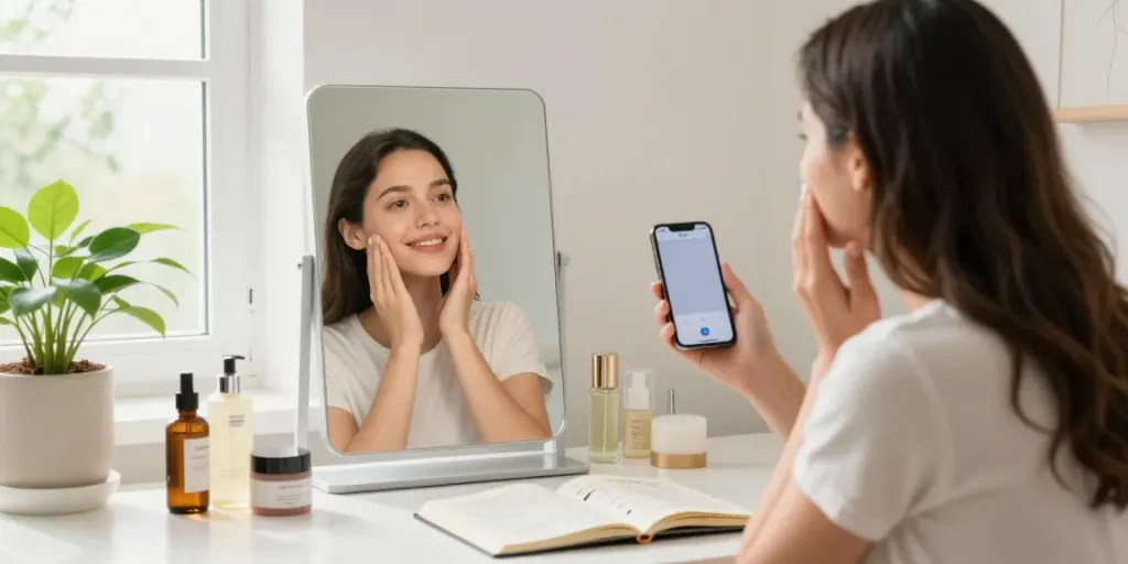 Alternatives to QOVES: person reviewing beauty app while surrounded by skincare products