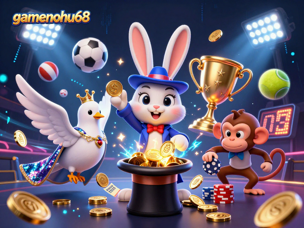 Experience the thrill with gamenohu68 as the magician pulls gold coins amidst exciting sports betting action.