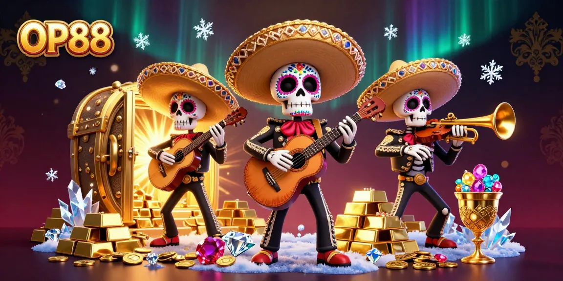 Experience the vibrant excitement at OP88 with a festive Day of the Dead mariachi band surrounded by treasures.