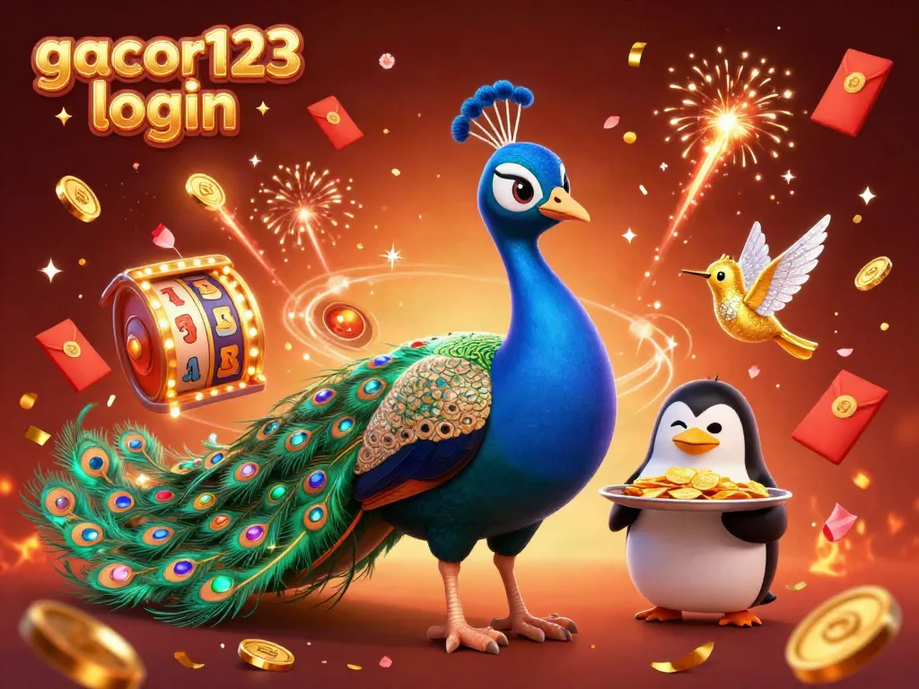Experience exciting gaming at gacor123 login with a vibrant casino-themed scene featuring animated characters and festive elements.