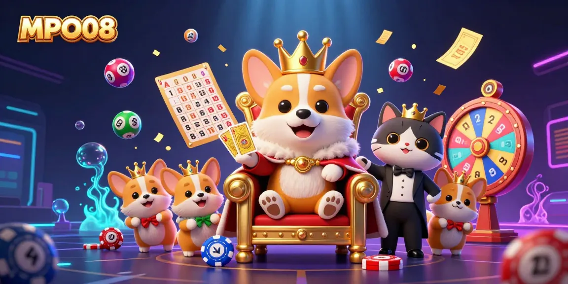 MPO08 engages players with an exciting scene of a royal corgi in a casino setting amidst vibrant game elements.