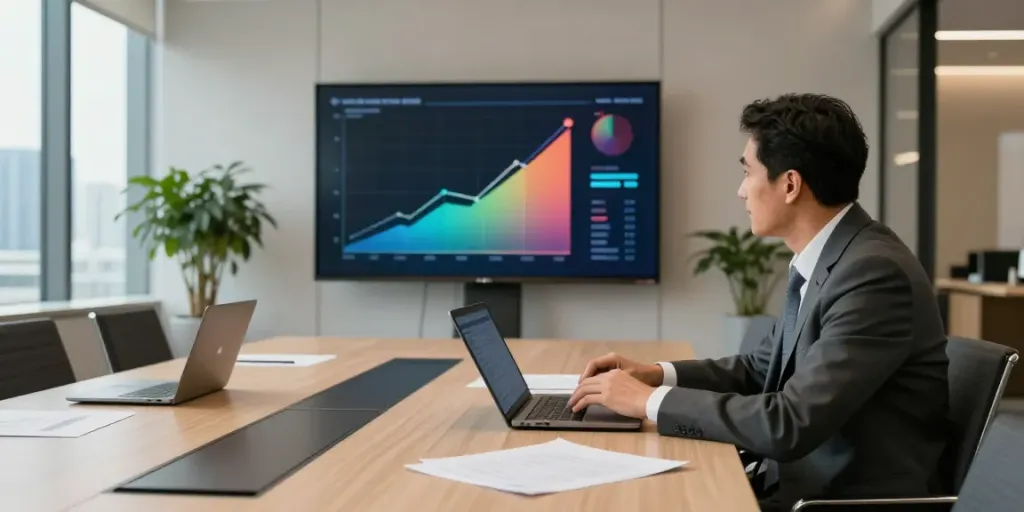 Michael Rustom consulting in a modern office with analytics display.